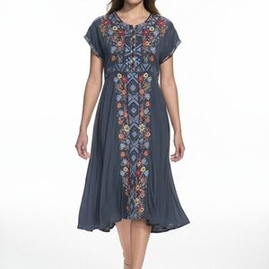Johnny Was Charcoal Floral Embroidered Midi Dress